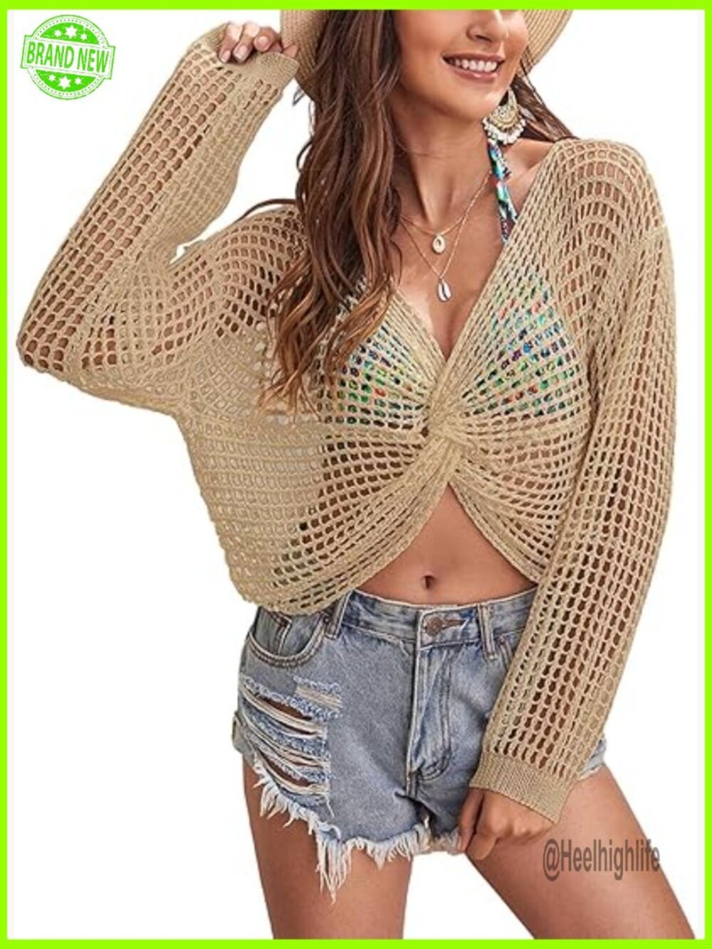 Crochet Cover Up Top Long Sleeve Cropped V-Neck Beach Swimwear